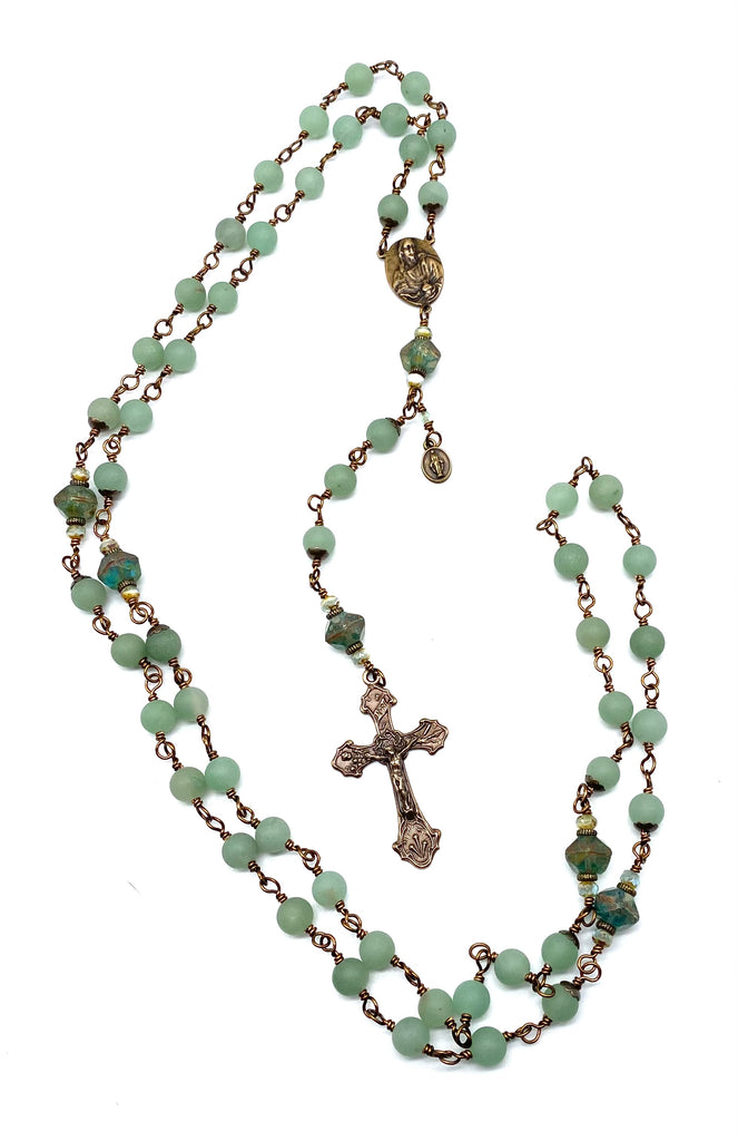 Green Aventurine Matte Gemstone Wire Wrapped Catholic Heirloom Rosary Large