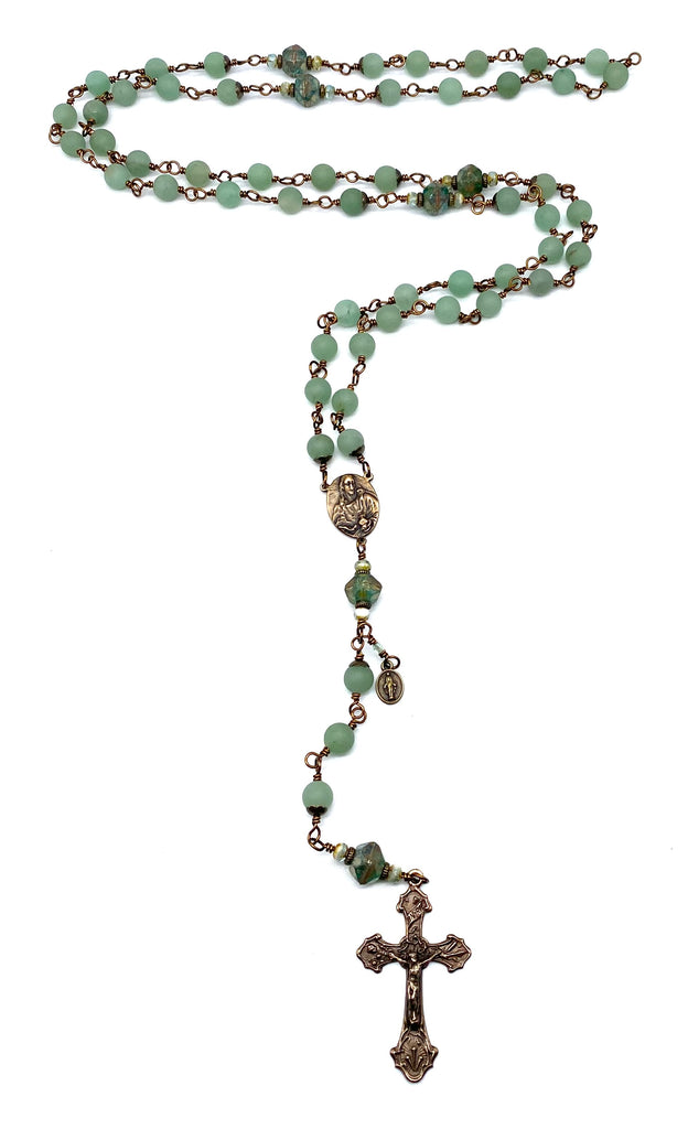 Green Aventurine Matte Gemstone Wire Wrapped Catholic Heirloom Rosary Large