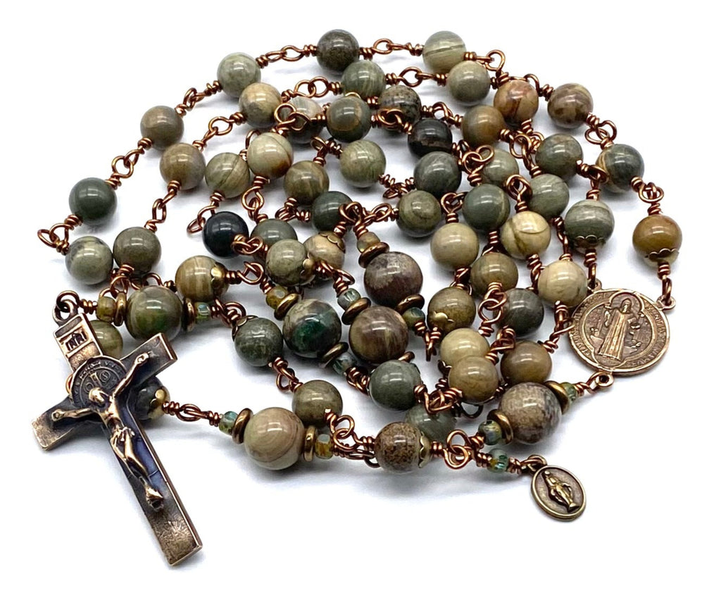 Green Leaf Jasper Gemstone Wire Wrapped Catholic Heirloom Rosary LARGE