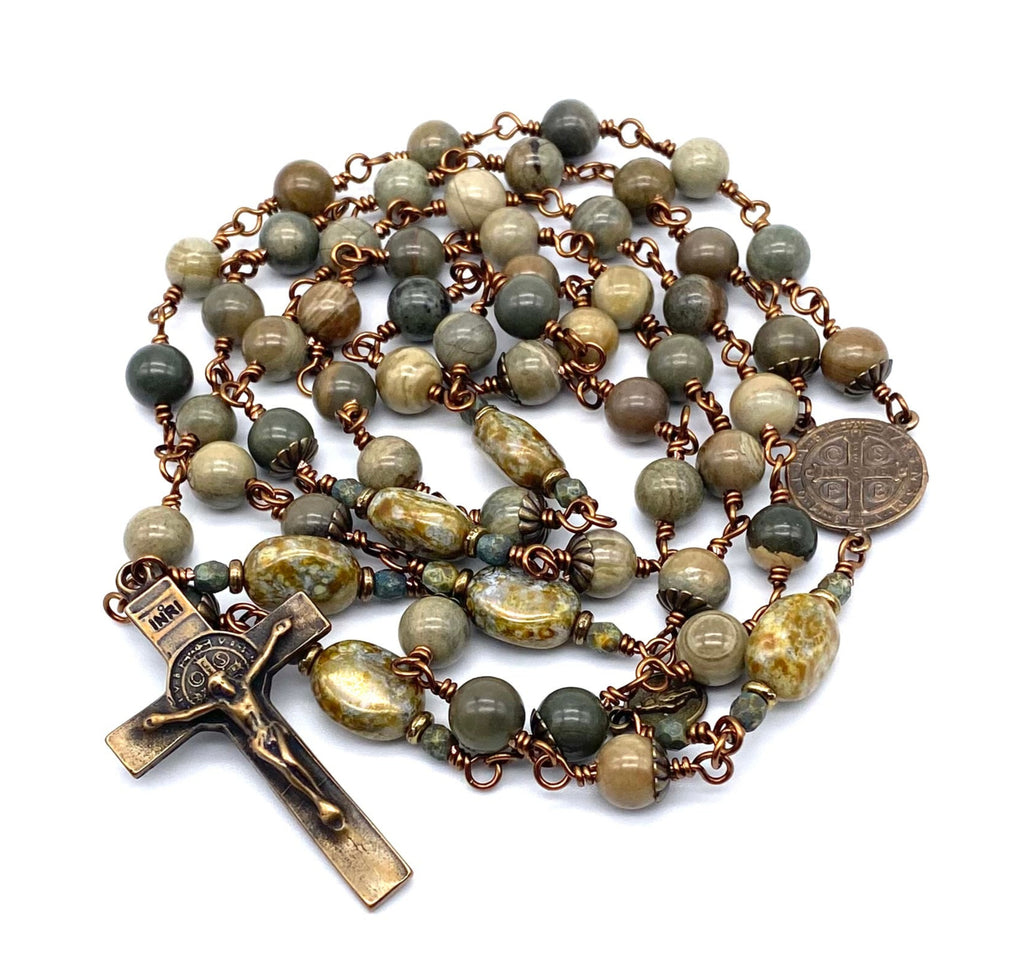 Green Leaf Jasper Gemstone Wire Wrapped Catholic Heirloom Rosary LARGE
