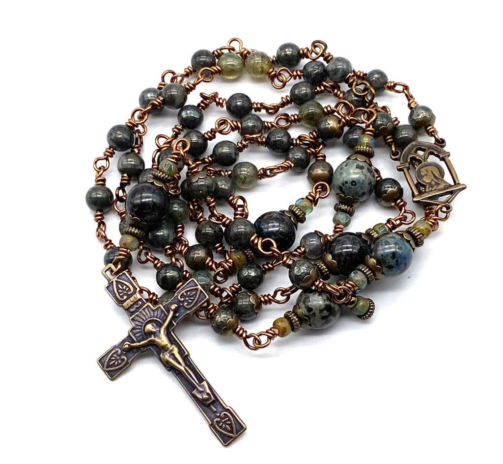 Green Nipomo Agate Gemstone Wire Wrapped Catholic Heirloom Rosary Medium