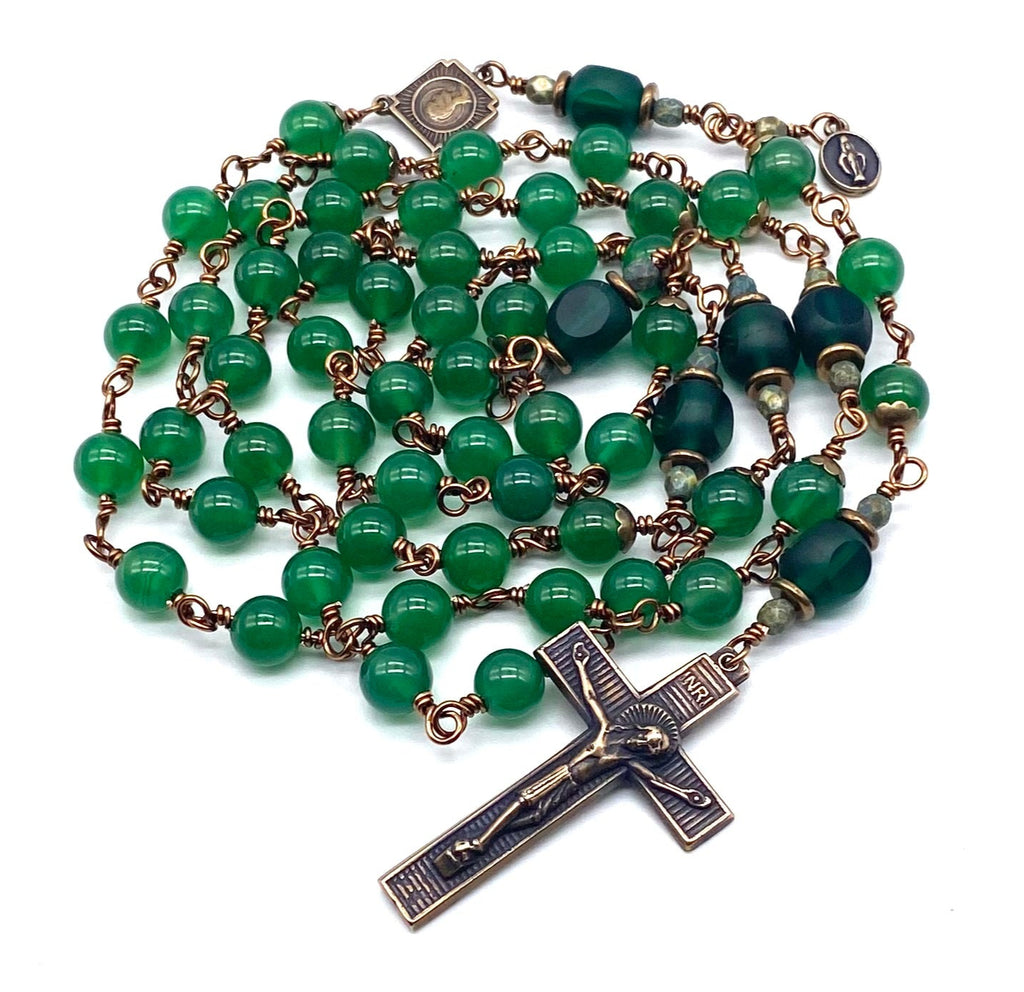 Green Onyx Gemstone Wire Wrapped Catholic Heirloom Rosary LARGE