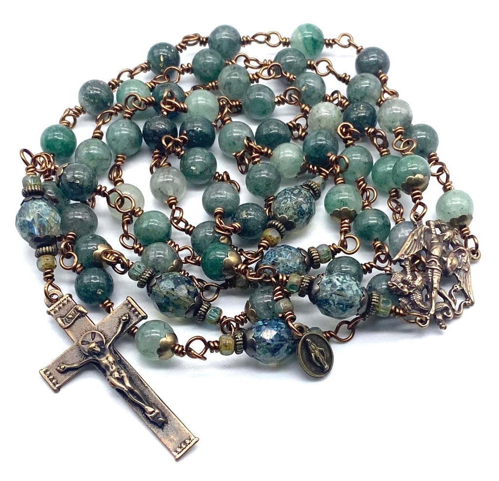 Green Quartz Gemstone Wire Wrapped Catholic Heirloom Rosary LARGE