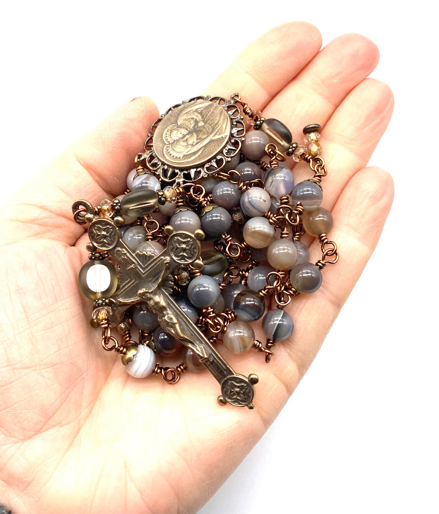 Grey Botswana Agate Gemstone Wire Wrapped Catholic Heirloom Rosary LARGE