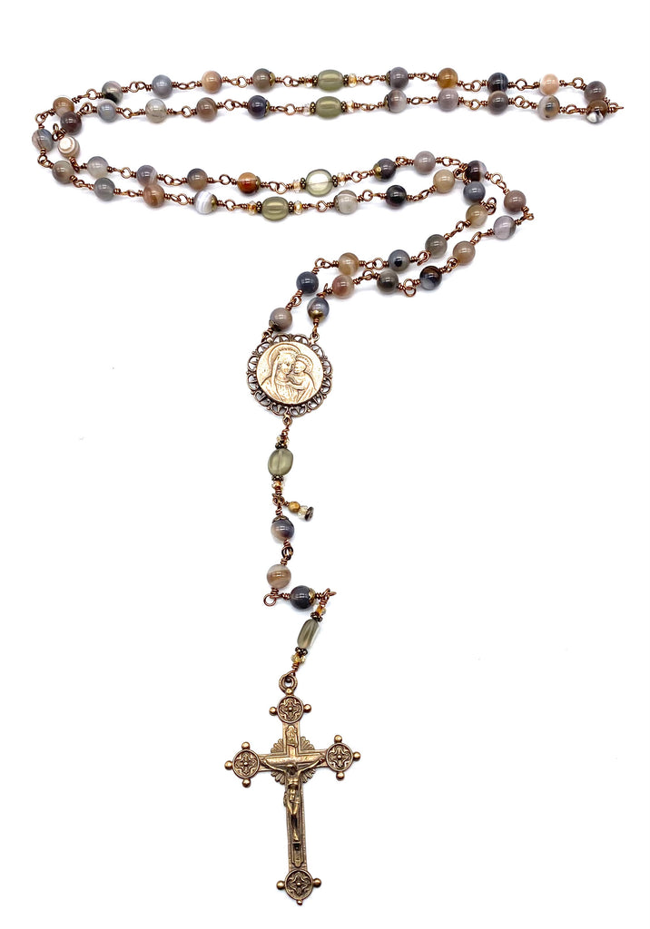 Grey Botswana Agate Gemstone Wire Wrapped Catholic Heirloom Rosary LARGE