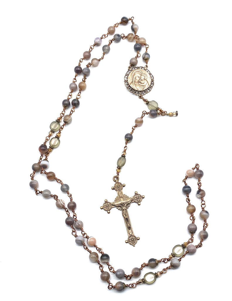 Grey Botswana Agate Gemstone Wire Wrapped Catholic Heirloom Rosary LARGE
