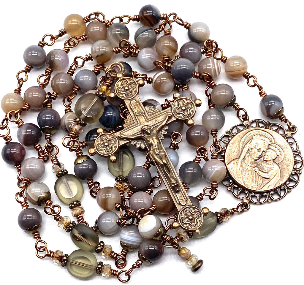 Grey Botswana Agate Gemstone Wire Wrapped Catholic Heirloom Rosary LARGE