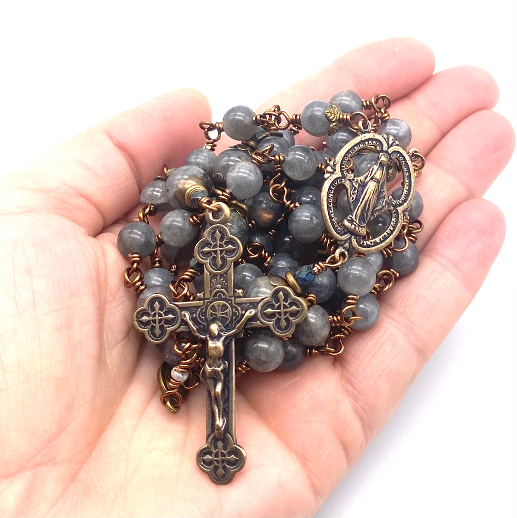Grey Labradorite Gemstone Wire Wrapped Catholic Heirloom Rosary LARGE