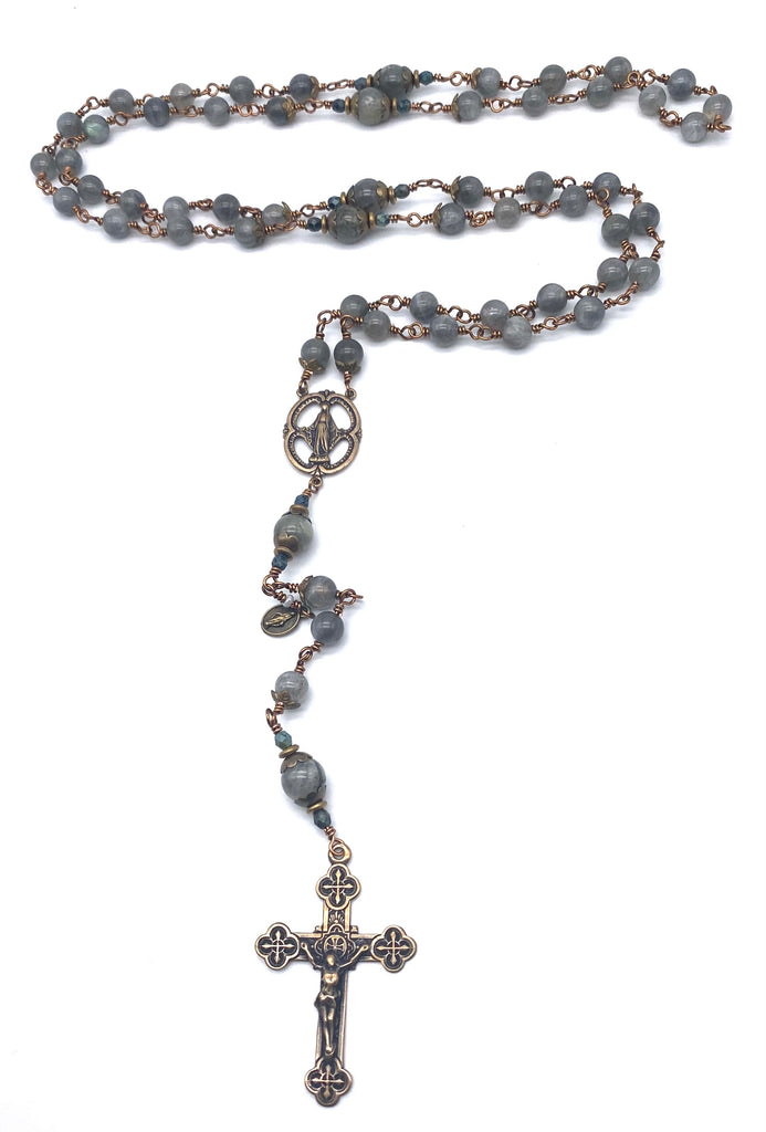 Grey Labradorite Gemstone Wire Wrapped Catholic Heirloom Rosary LARGE