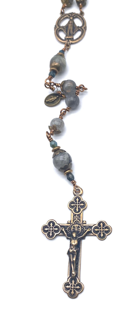 Grey Labradorite Gemstone Wire Wrapped Catholic Heirloom Rosary LARGE