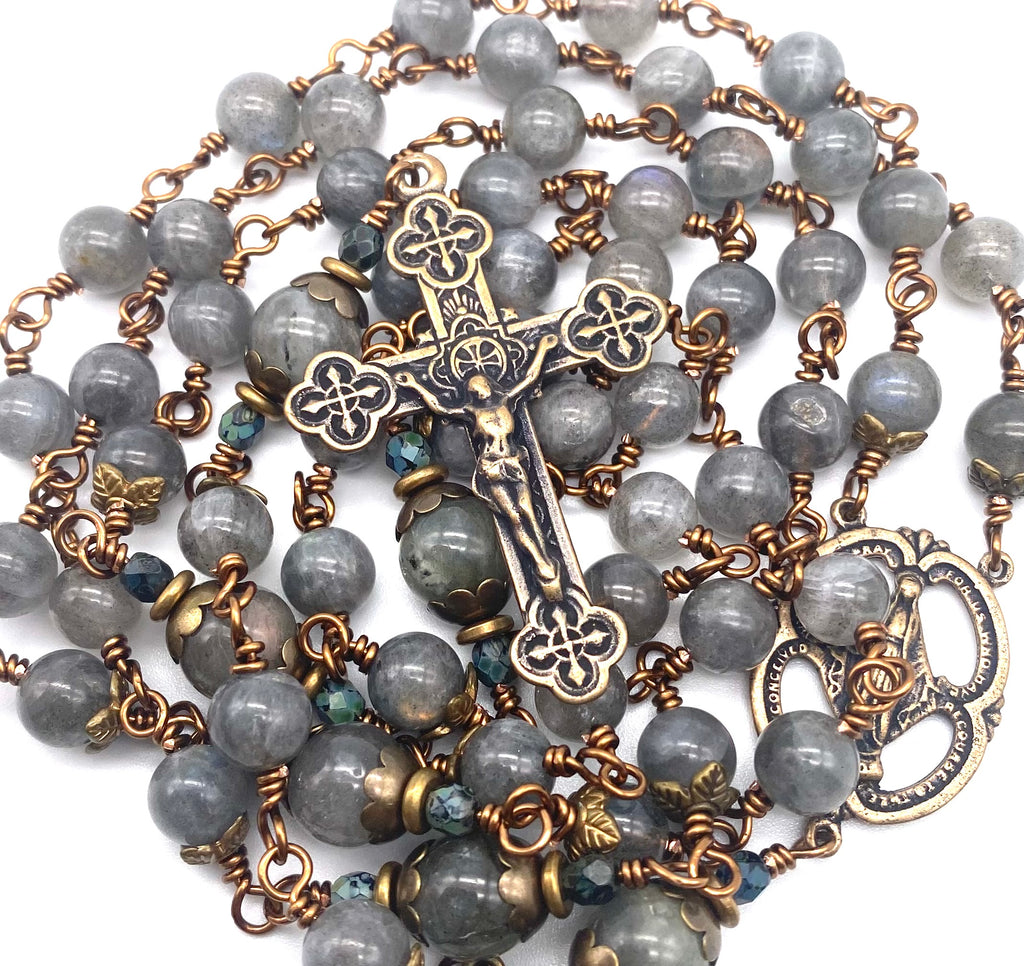 Grey Labradorite Gemstone Wire Wrapped Catholic Heirloom Rosary LARGE