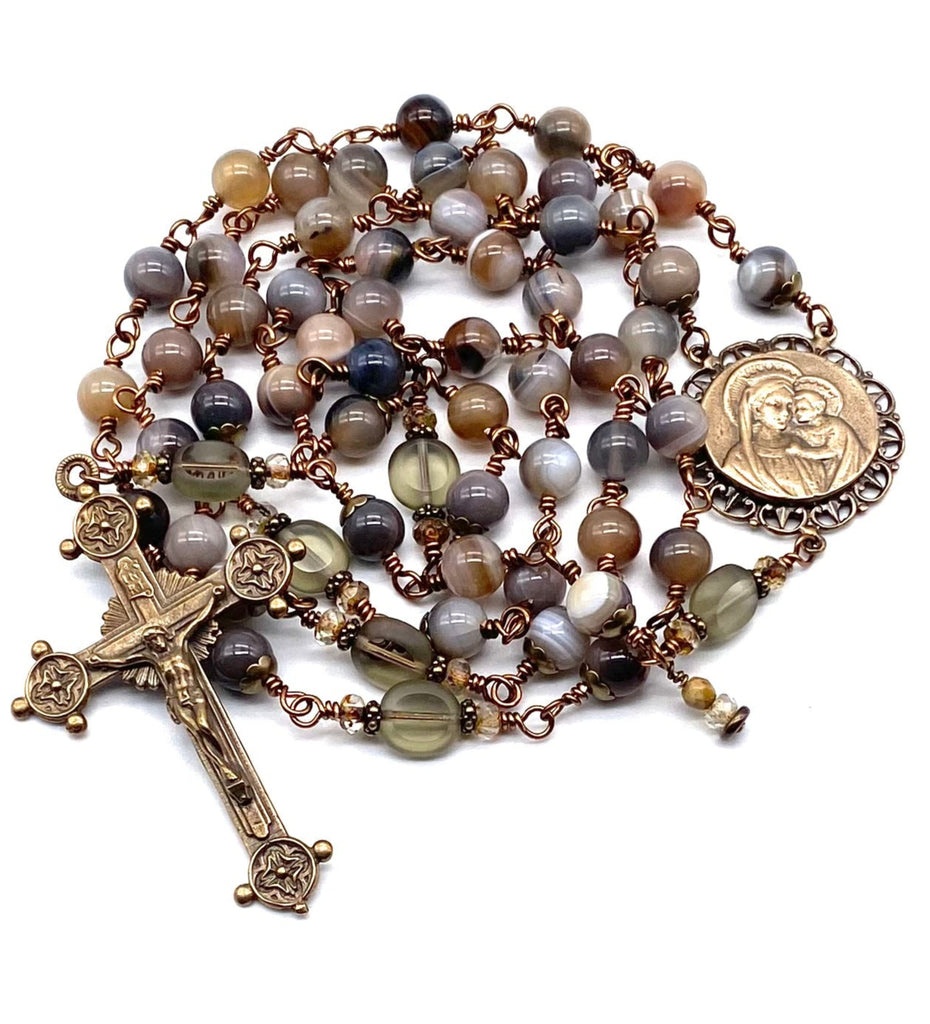 Grey Botswana Agate Gemstone Wire Wrapped Catholic Heirloom Rosary LARGE