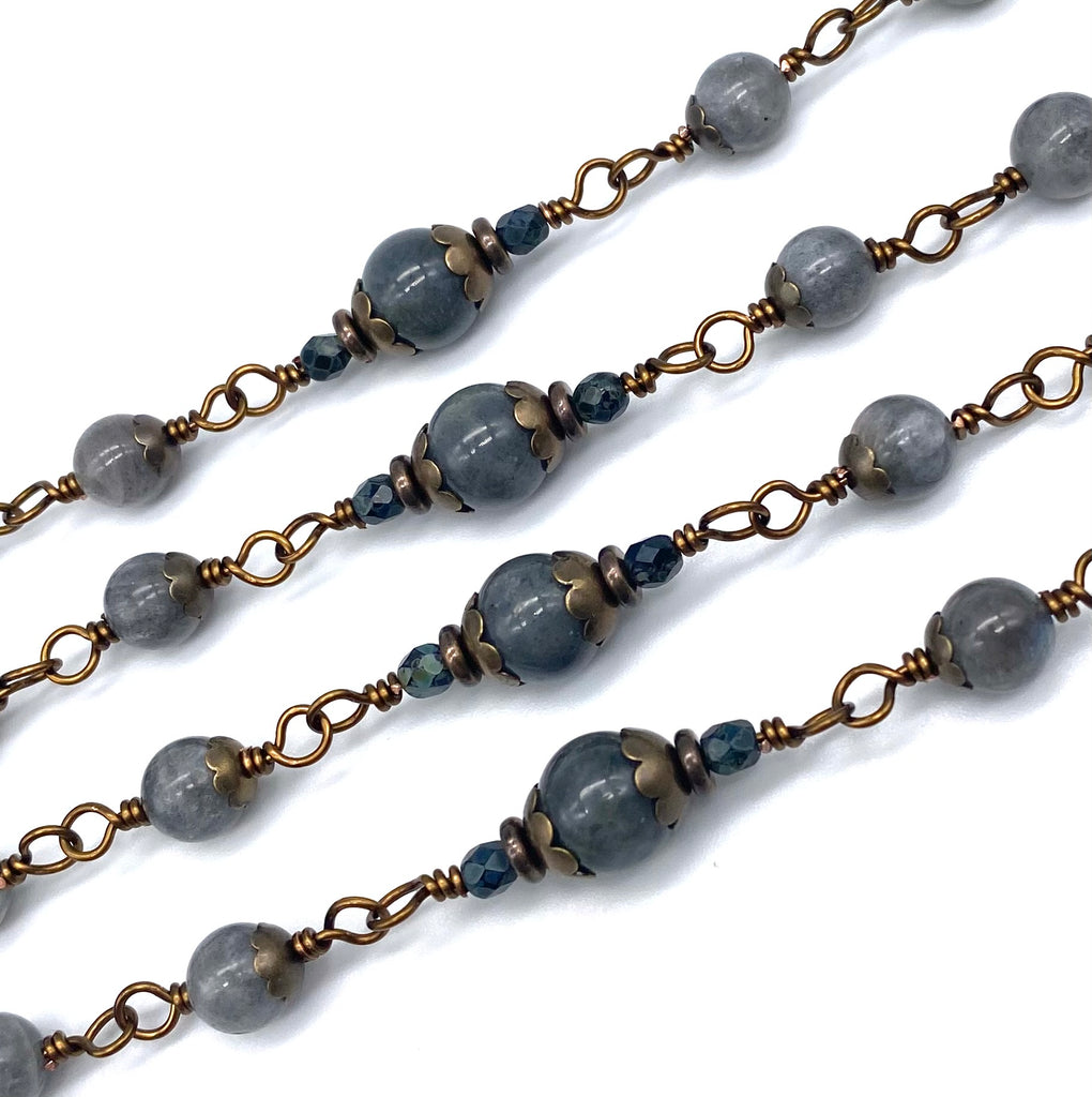 Grey Labradorite Gemstone Wire Wrapped Catholic Heirloom Rosary Large