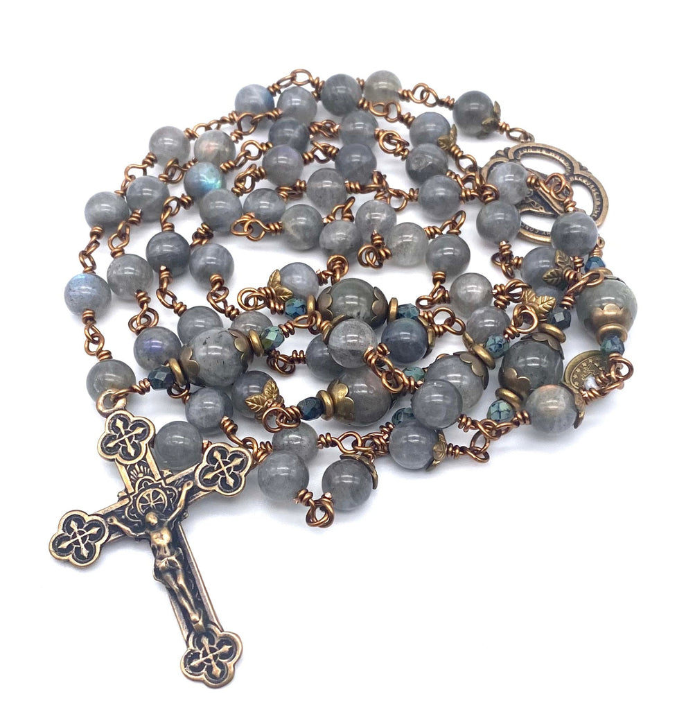 Grey Labradorite Gemstone Wire Wrapped Catholic Heirloom Rosary LARGE
