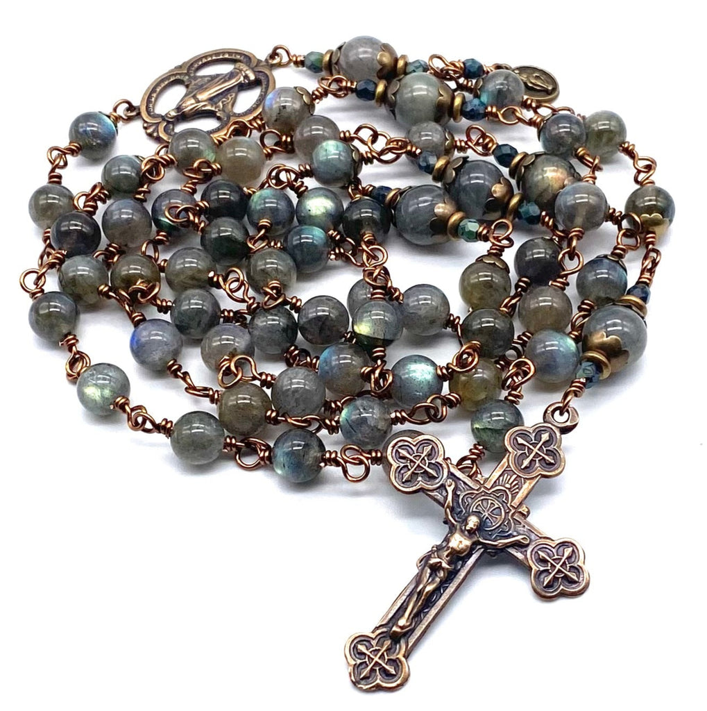 Grey Labradorite Gemstone Wire Wrapped Catholic Heirloom Rosary LARGE