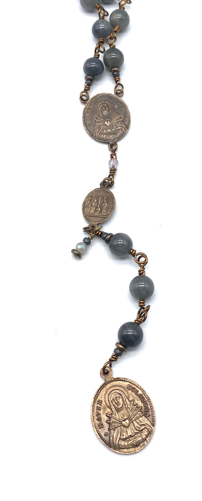 Grey Labradorite Gemstone Wire Wrapped Catholic Heirloom Rosary of the Seven Sorrows Large