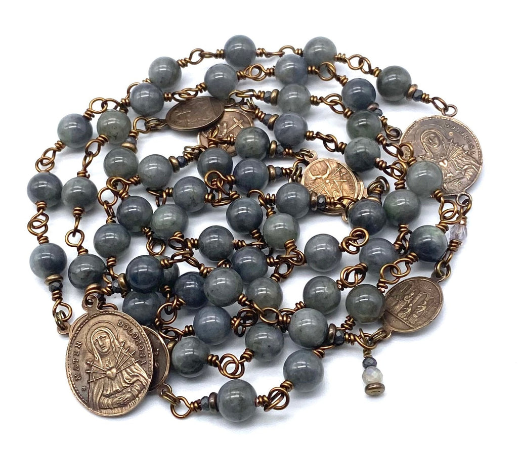 Grey Labradorite Gemstone Wire Wrapped Catholic Heirloom Rosary of the Seven Sorrows Large