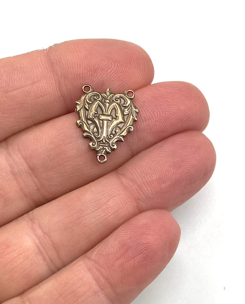 Solid Bronze HEART WITHIN A HEART Rosary Centerpiece Antique Vintage Reproduction #PG1127
