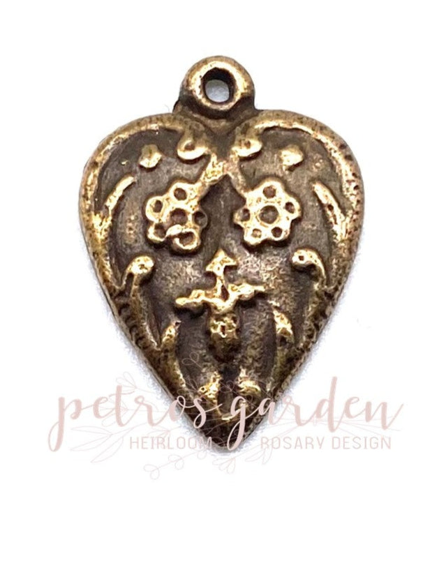 Solid Bronze ANTIQUE HEART CHARM Catholic Medal, Rosary Parts, Religious Charms, Antique Vintage Reproduction #PG7177