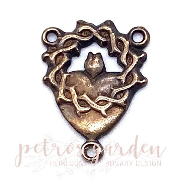 Solid Bronze HEART With CROWN Of THORNS Centerpiece, Rosary Center, Rosary Parts, Religious Charm, Antique/Vintage Reproduction #PG1135