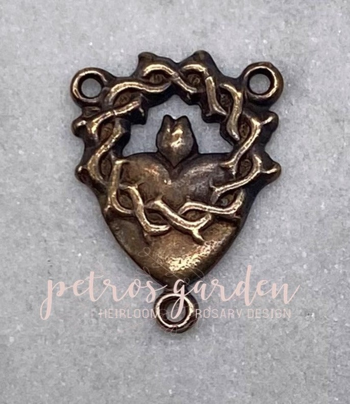 Solid Bronze HEART With CROWN Of THORNS Centerpiece, Rosary Center, Rosary Parts, Religious Charm, Antique/Vintage Reproduction #PG1135