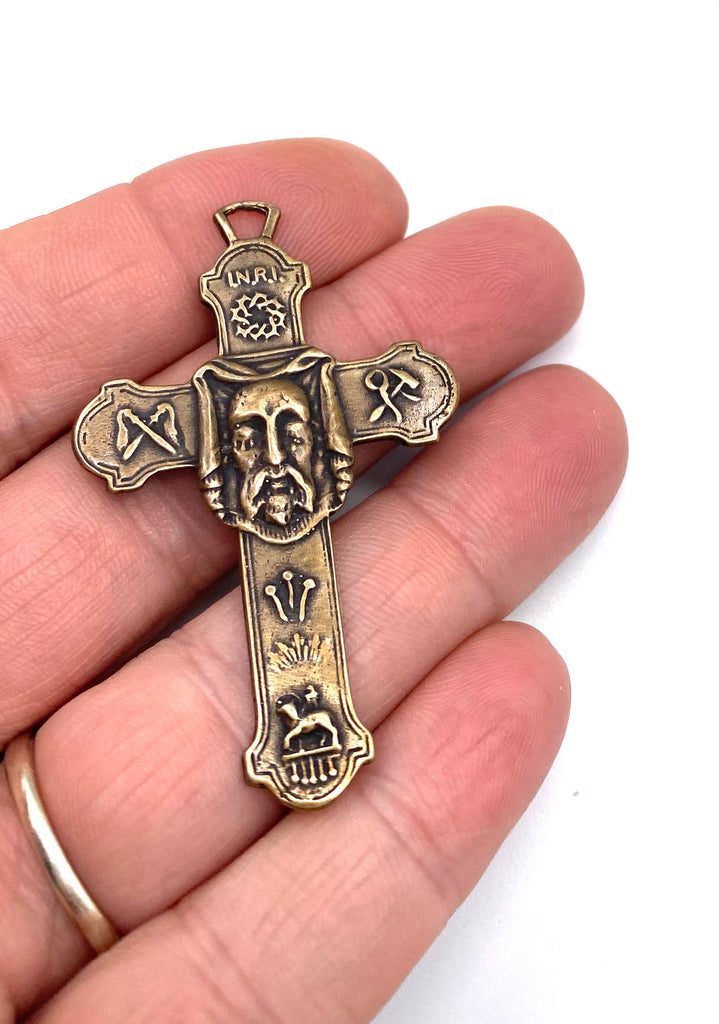 Solid Bronze HOLY FACE OF CHRIST CROSS Rosary Crucifix, Rosary Parts, Religious Charm, Antique/Vintage Reproduction #PG4116