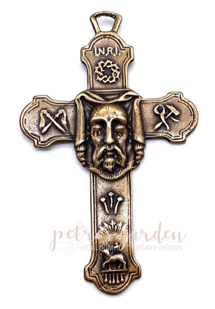 Solid Bronze HOLY FACE OF CHRIST CROSS Rosary Crucifix, Rosary Parts, Religious Charm, Antique/Vintage Reproduction #PG4116
