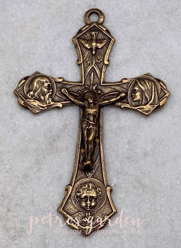 Solid Bronze HOLY FAMILY Rosary Crucifix, Rosary Parts, Catholic Pendant, Religious Charms, Antique/Vintage Reproduction #PG3144