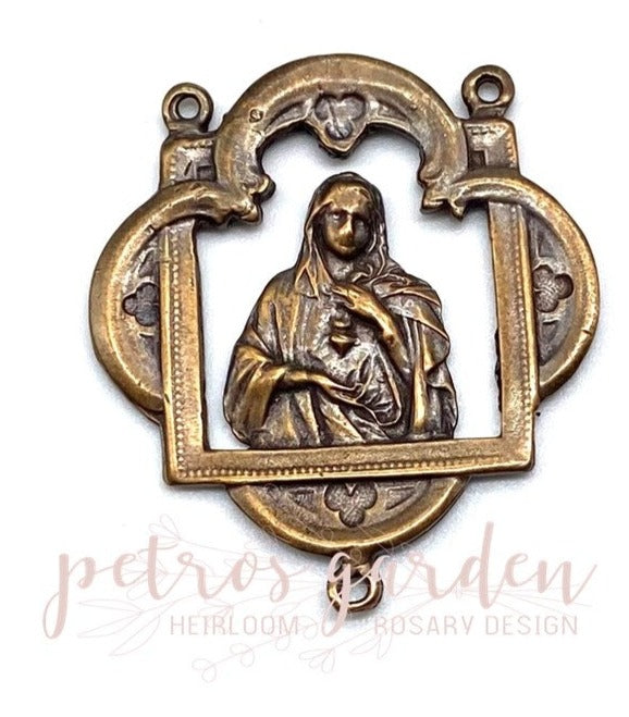 Solid Bronze IMMACULATE HEART WINDOW Rosary Centerpiece, Rosary Parts, Antique/Vintage Reproduction #PG2123