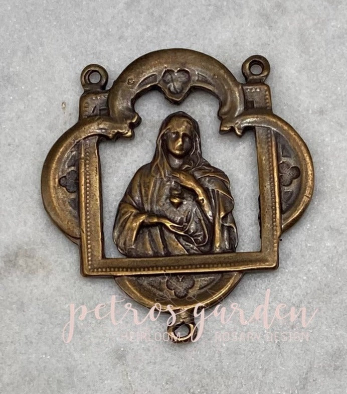 Solid Bronze IMMACULATE HEART WINDOW Rosary Centerpiece, Rosary Parts, Antique/Vintage Reproduction #PG2123
