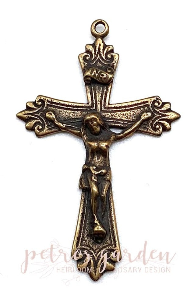 Solid Bronze INSCRIBED CARVED LINES Crucifix, Rosary Parts, Catholic Pendant Jewelry, Religious Charm, Antique/Vintage Reproduction #PG3154
