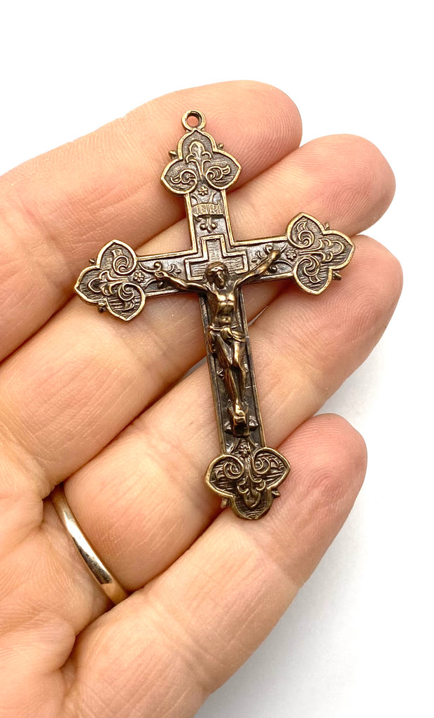 Solid Bronze BEAUTIFUL INTRICATE FLEUR DE LIS Catholic Crucifix, Rosary Parts, Religious Charms, Antique Vintage Reproduction #PG4151