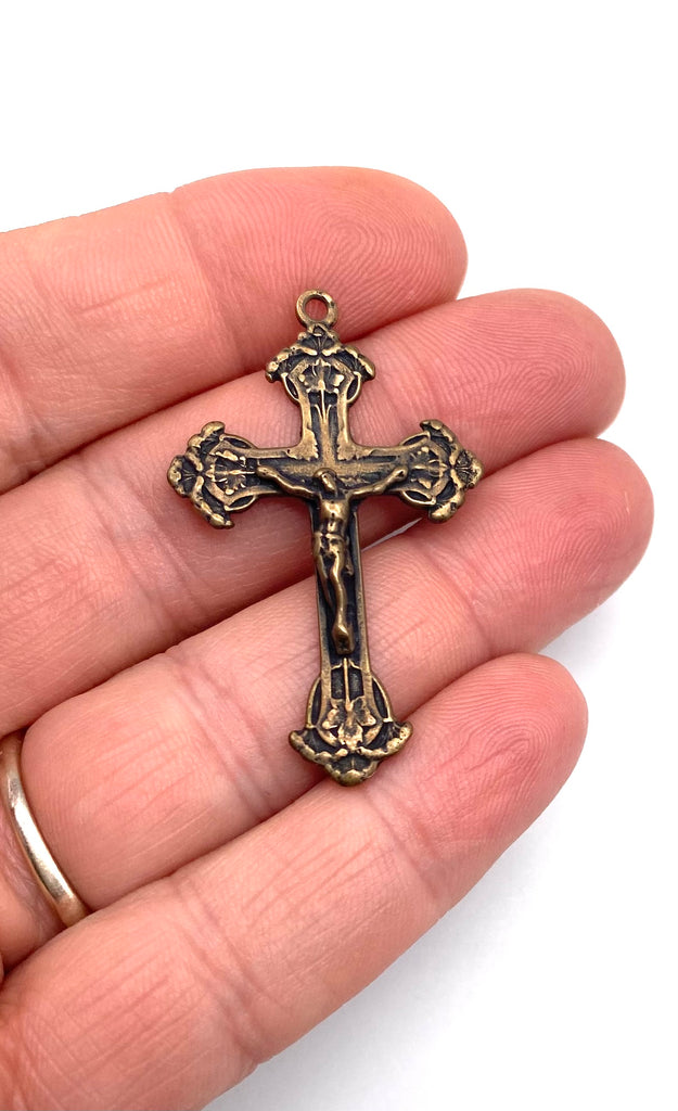 Solid Bronze INTRICATE FLOWER AND LEAF Crucifix, Rosary Parts, Catholic Pendant, Religious Charms, Antique/Vintage Reproduction #PG3121