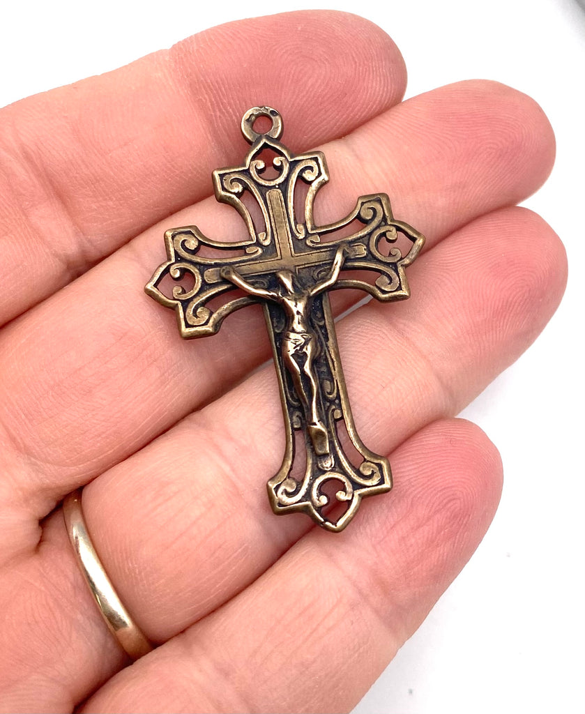 Solid Bronze INTRICATE STRAIGHT SCROLLS Crucifix, Rosary Parts, Catholic Pendant, Religious Charm, Antique/Vintage Reproduction #PG3125