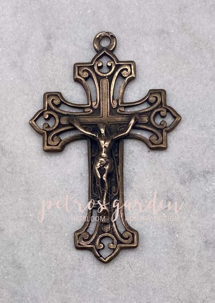 Solid Bronze INTRICATE STRAIGHT SCROLLS Crucifix, Rosary Parts, Catholic Pendant, Religious Charm, Antique/Vintage Reproduction #PG3125