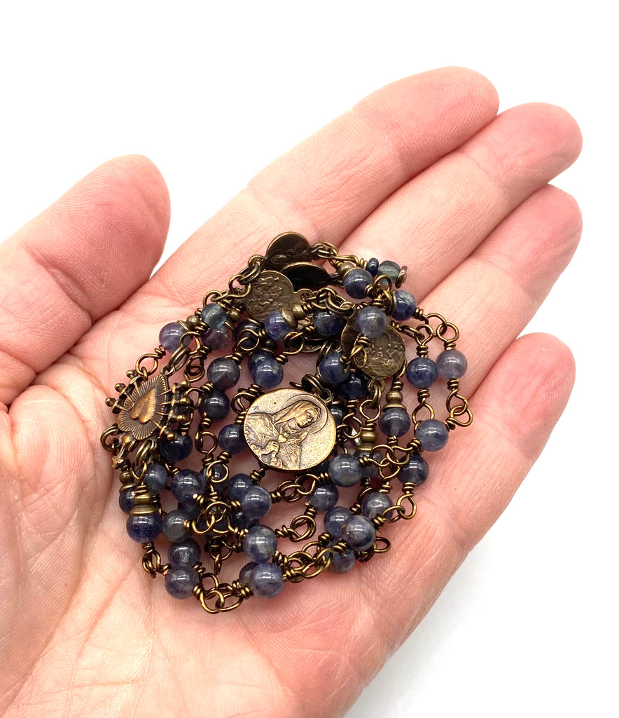 Iolite Smooth Gemstone Wire Wrapped Catholic Heirloom Rosary of the Seven Sorrows Petite