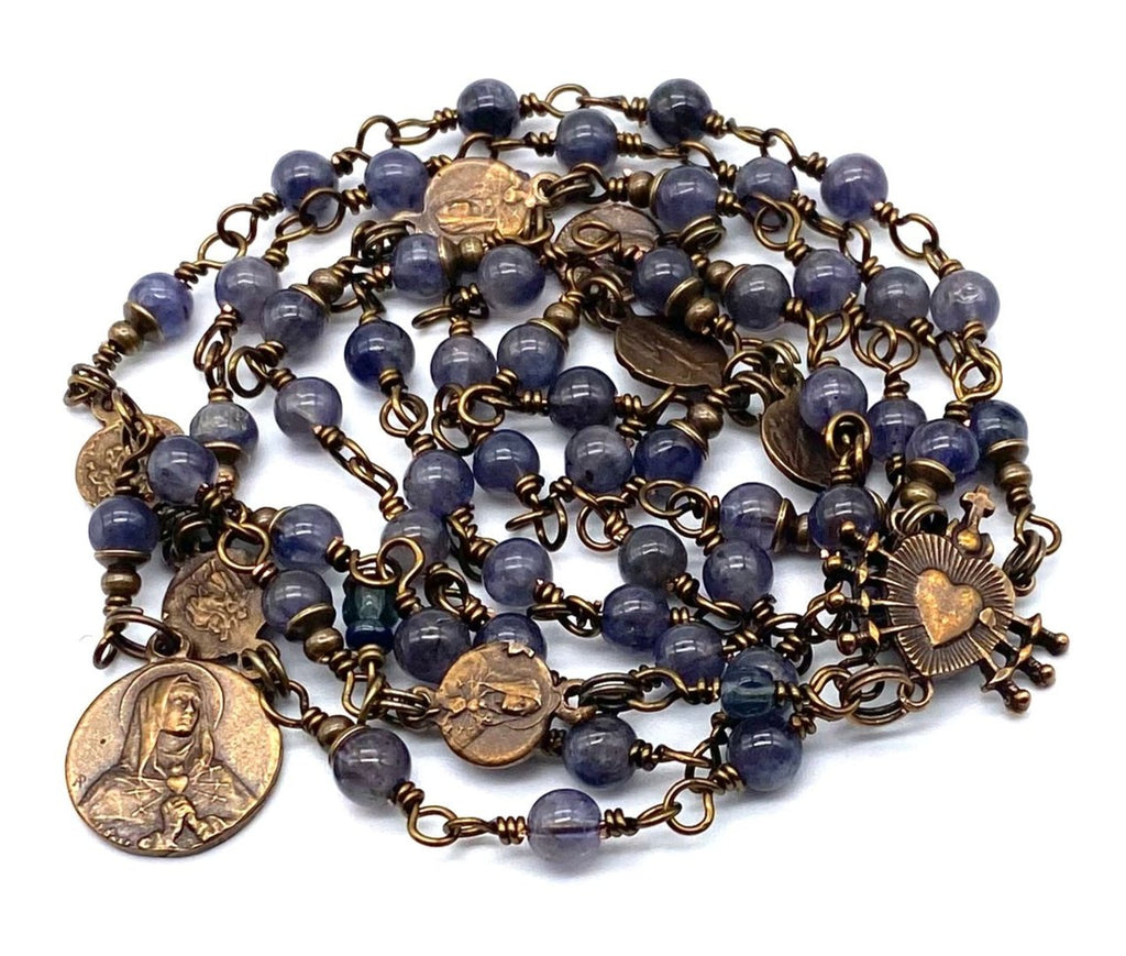 Iolite Smooth Gemstone Wire Wrapped Catholic Heirloom Rosary of the Seven Sorrows Petite