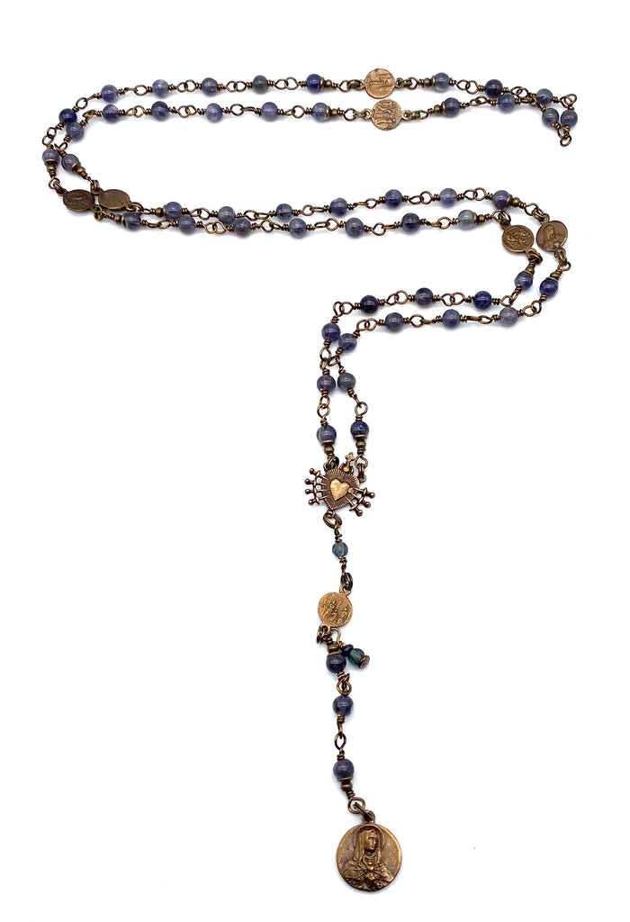 Iolite Smooth Gemstone Wire Wrapped Catholic Heirloom Rosary of the Seven Sorrows Petite