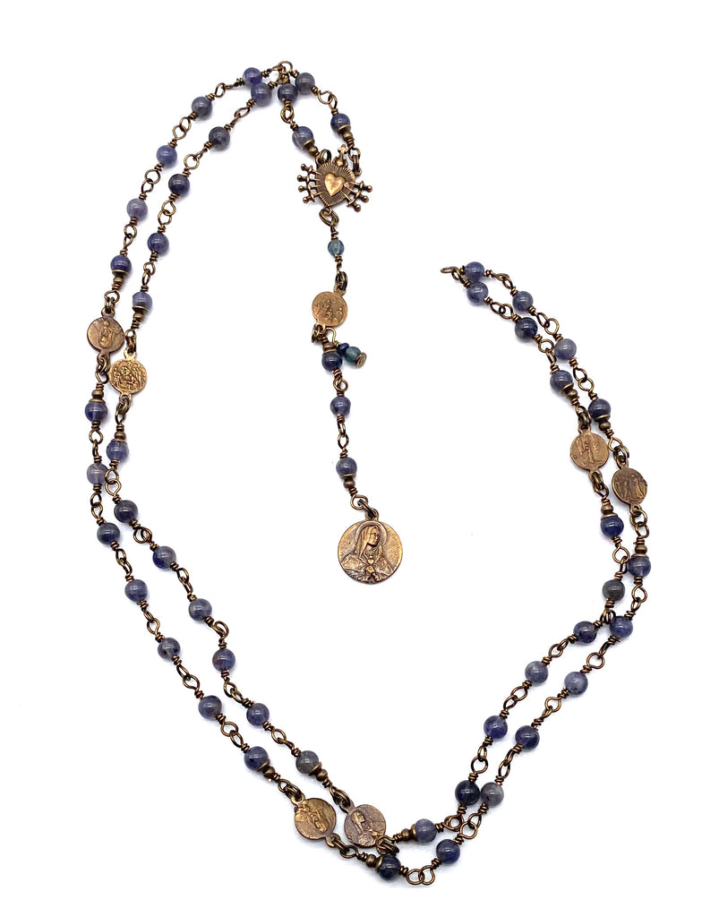Iolite Smooth Gemstone Wire Wrapped Catholic Heirloom Rosary of the Seven Sorrows Petite