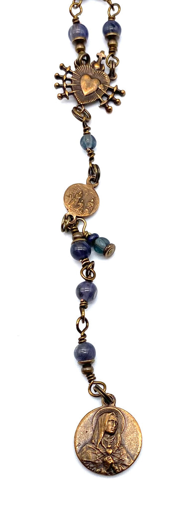 Iolite Smooth Gemstone Wire Wrapped Catholic Heirloom Rosary of the Seven Sorrows Petite