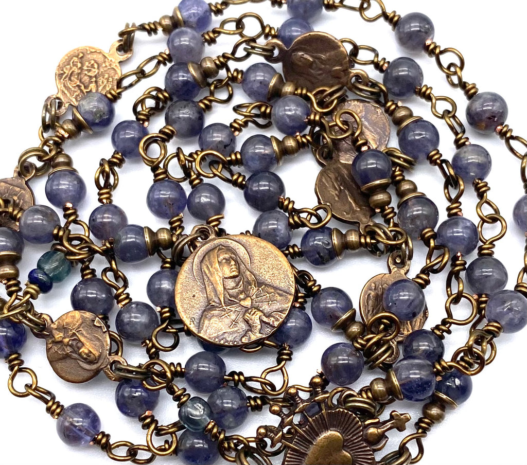 Iolite Smooth Gemstone Wire Wrapped Catholic Heirloom Rosary of the Seven Sorrows Petite