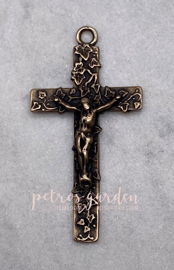 Solid Bronze IVY LEAF SQUARED Crucifix, Rosary Parts, Catholic Pendant, Religious Charm, Antique/Vintage Reproduction #PG3122