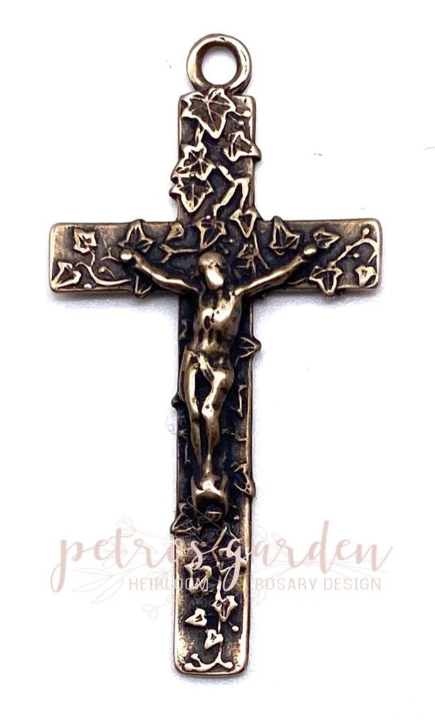 Solid Bronze IVY LEAF SQUARED Crucifix, Rosary Parts, Catholic Pendant, Religious Charm, Antique/Vintage Reproduction #PG3122