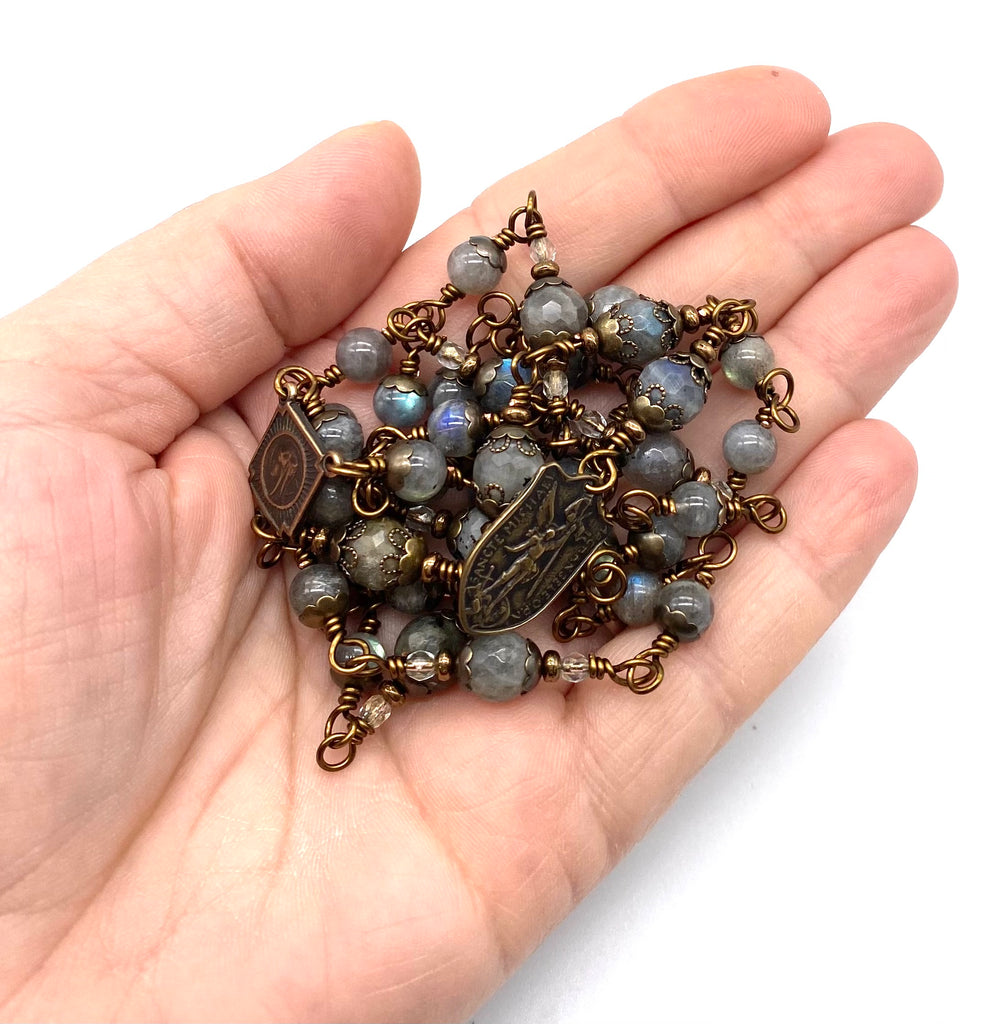 Grey Labradorite Gemstone Wire Wrapped Catholic Heirloom Chaplet of Saint Michael MEDIUM