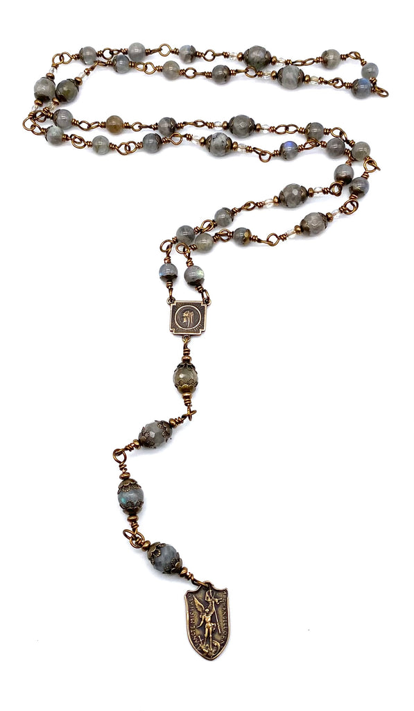 Grey Labradorite Gemstone Wire Wrapped Catholic Heirloom Chaplet of Saint Michael MEDIUM