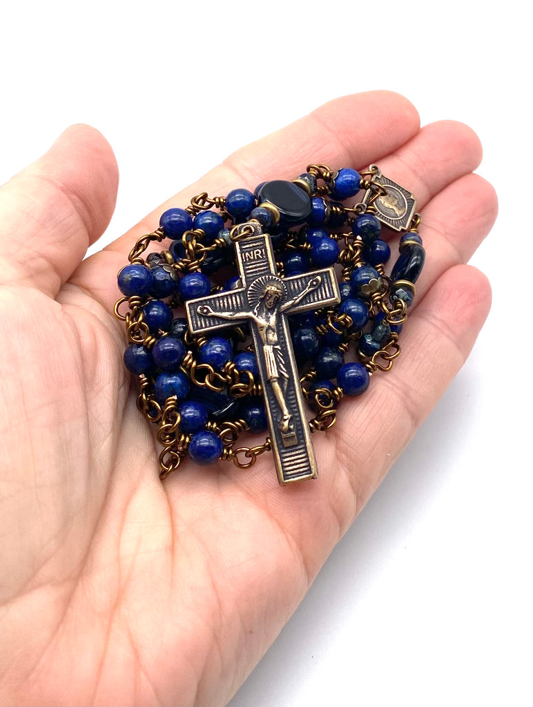 Lapis Gemstone Wire Wrapped Catholic Heirloom Rosary Medium