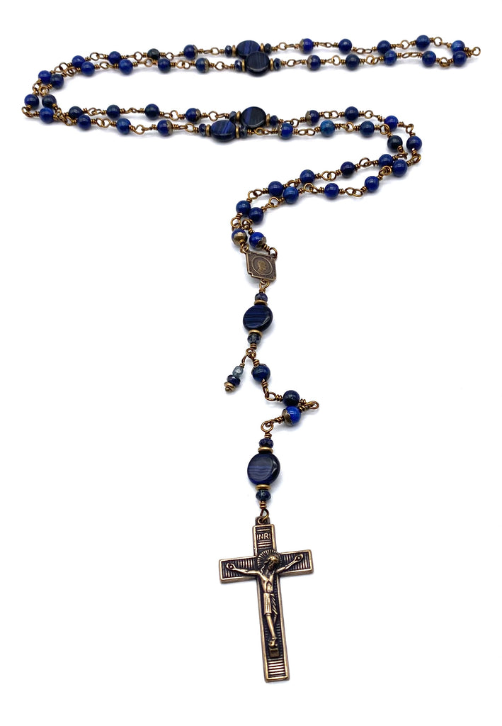 Lapis Gemstone Wire Wrapped Catholic Heirloom Rosary Medium