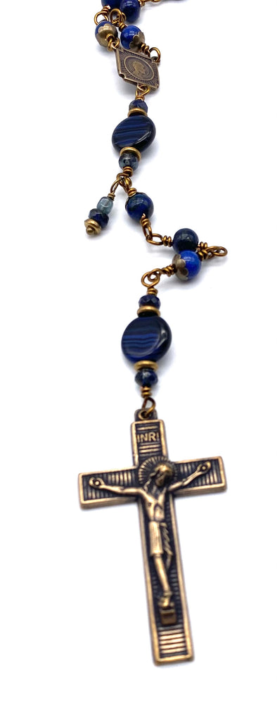 Lapis Gemstone Wire Wrapped Catholic Heirloom Rosary Medium