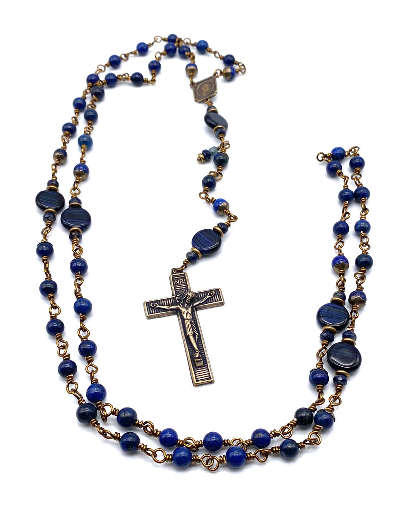 Lapis Gemstone Wire Wrapped Catholic Heirloom Rosary Medium