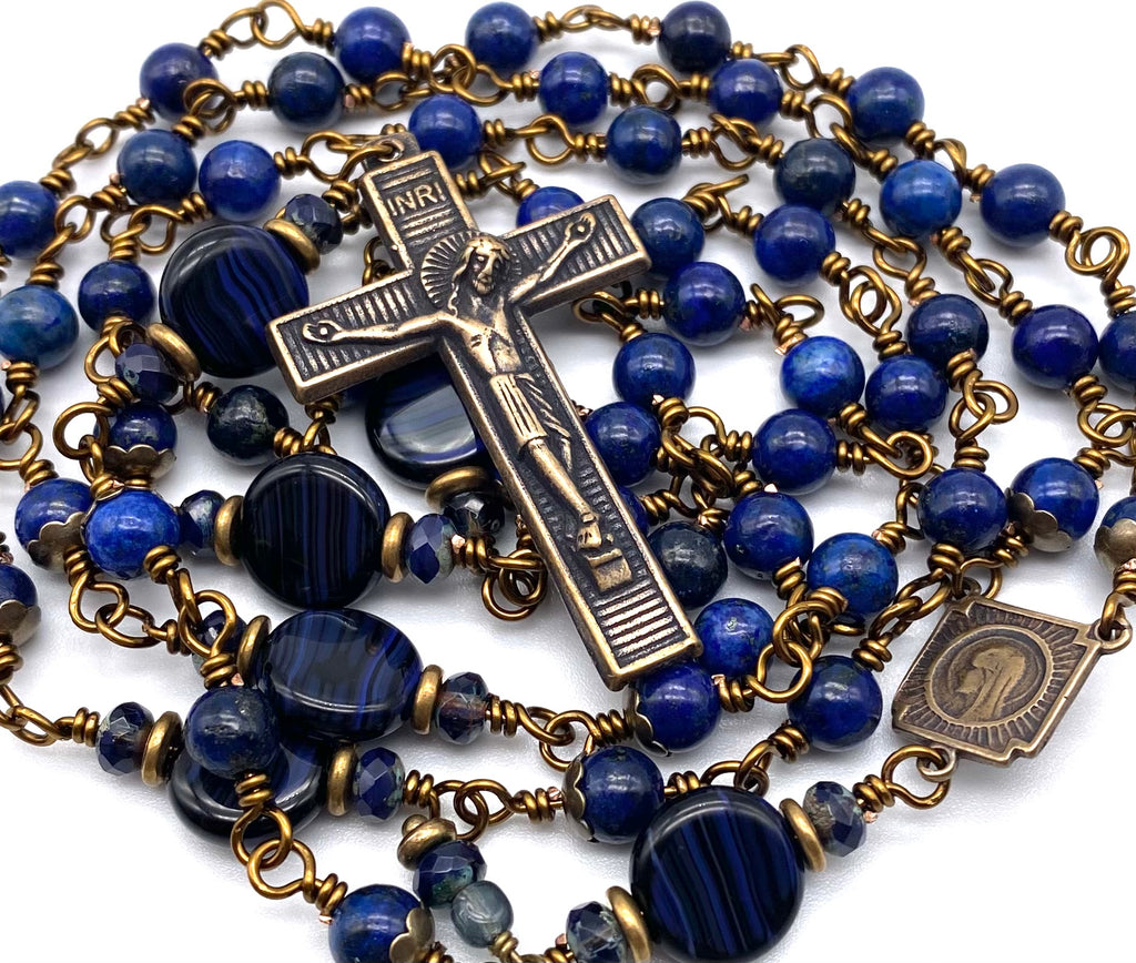 Lapis Gemstone Wire Wrapped Catholic Heirloom Rosary Medium